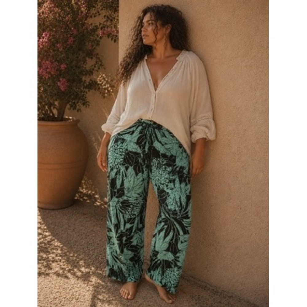 The Hawaiian Original Womens XL Wide Leg Tropical Rayon Pants Teal Black Hawaii